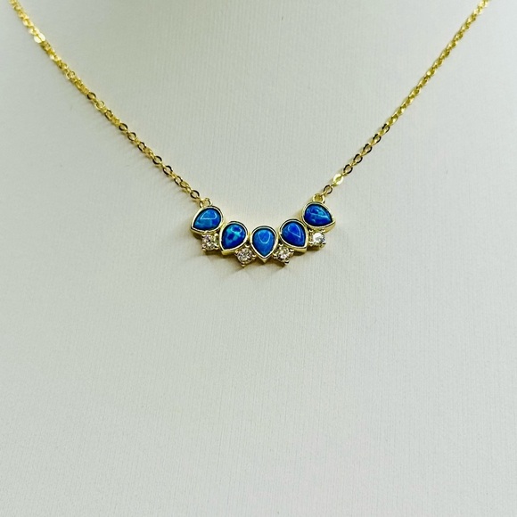 Blue Opal and Simulated Diamond on Sterling Silver and 18K Gold Necklace - Picture 3 of 5